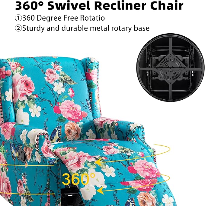 Premium 360° Swivel Recliner Chair with Footrest - Luxurious Cotton Linen & Botanical Design-Peacock Blue Rose