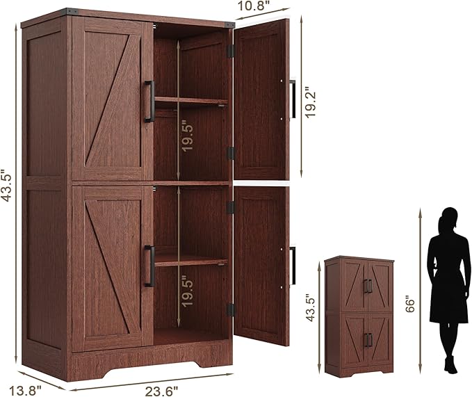 Treocho Bathroom Floor Cabinet, Farmhouse Bathroom Storage Cabinet with Doors and Adjustable Shelves, Freestanding Kitchen Pantry Cabinet, Cupboard for Living Room, Dining Room, Walnut