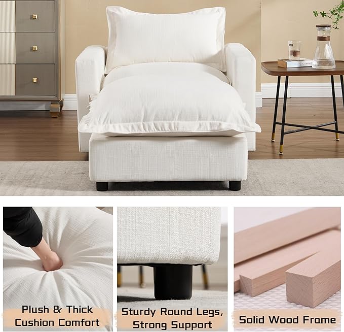 chairus 126" Modular Sectional Sofa with Moveable Ottoman Upholstered Deep Seat Linen Couch Set with Soft Pillows L-Shape Sofa Couch for Living Room, Apartment, Reception Room, 4-Seater/White