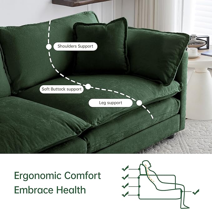 Modular Sectional Sofa, 111.5 Inch I-Shaped Cloud Sofa with Deep Seat Chenille Sofa with Cushions, Three-Self Sectional Sofa for Living Room Apartment,Evergreen
