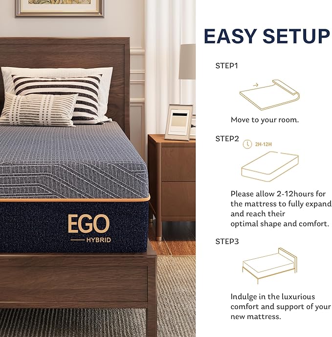 EGOHOME Hybrid Queen Mattress 12 Inch, Mattress with Cooling Cover, Comfort Foam & Pocket Spring Bed in a Box, Targeted Support Pressure Relief, CertiPUR-US Certified, Made in USA, 60x80x12 Black