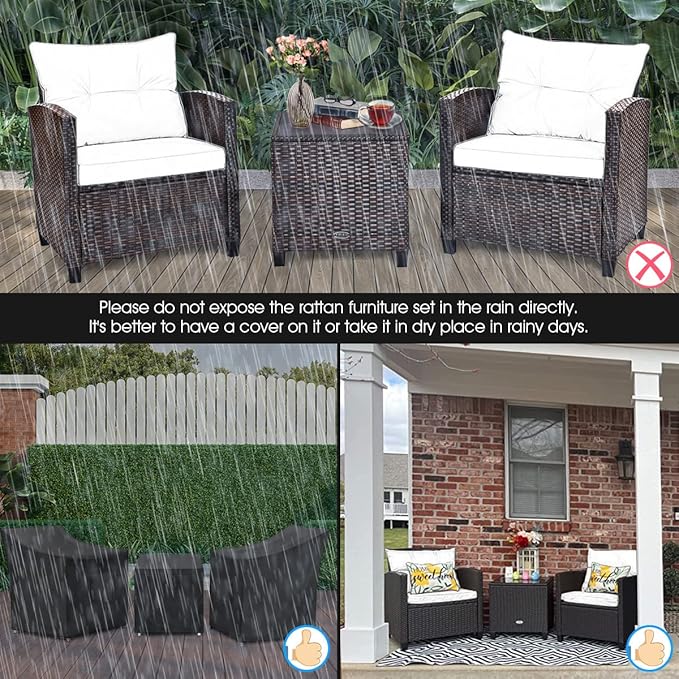 Tangkula 3 Pieces Patio Furniture Set, PE Rattan Wicker 3 Pcs Outdoor Sofa Set w/Washable Cushion and Tempered Glass Tabletop, Conversation Furniture for Garden Poolside Balcony (Red)