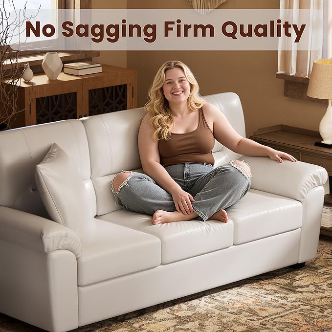 Morden Fort Faux Leather Loveseat, Modern Luxury Furniture with Removable and Easy to Clean Cushions, Skin-Friendly Wide Arm Leather Loveseat for Living Room Apartment Office Lounge, White