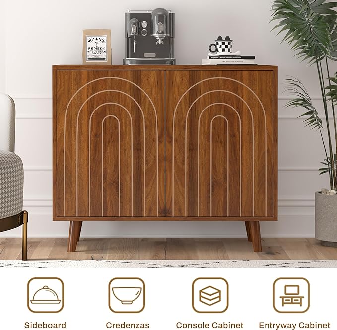 63" Sideboard Buffet Cabinet Set of 2, Modern Accent Cabinet with Carving Lines, Decorative Storage Cabinets for Bedroom Living Room Kitchen Office and Hallway (Walnut, 2)
