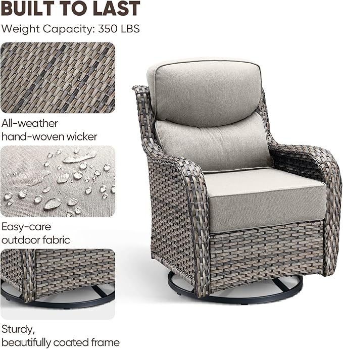 Swivel Patio Chairs Sofa Set of 4 with 6" Thick Cushion - Wicker Outdoor Swivel Rocker Patio Chair with Side Table, High Back Comfortable Outdoor Glider Chairs - Grey Wicker | Beige Cushions