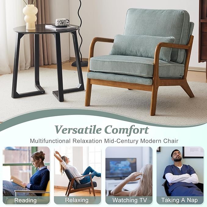 VINGLI Upgraded Premium Corduroy Accent Chairs Set of 2,Upholstered Arm Chair,Solid Wood Comfy Reading Chair with Pillow, Mid Century Modern Chairs for Living Room,Bedroom,Light Teal