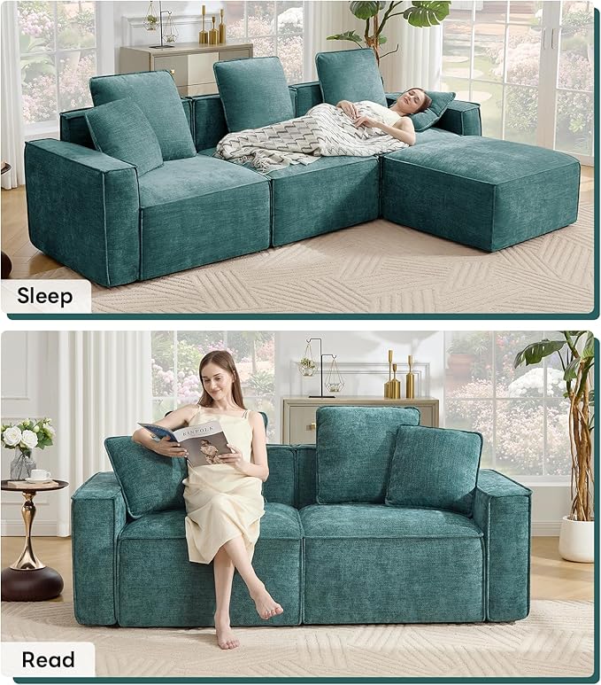WILLOVE 78'' Modular Sectional Sofa, Chenille Cloud Couch with Wide Armrests & 4 Pillows, Deep Seat Couches for Living Room, Green