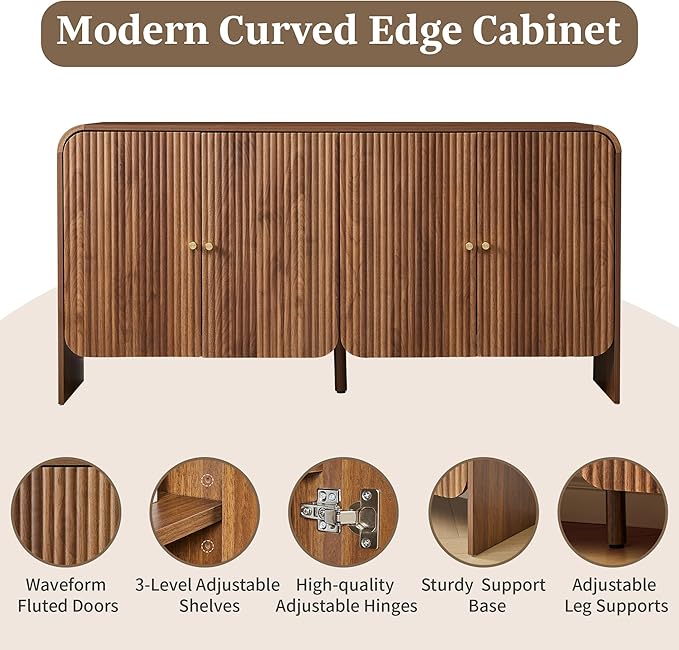 Fluted Sideboard Buffet Cabinet with Storage, 59'' Curved Buffet Cabinet with 4 Doors & Shleves, Modern Credenza Wood Coffee Bar Table Console for Dining Room Kitchen Living Room Entryway, Walnut