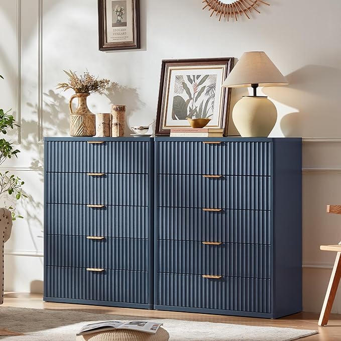 LEYAOYAO Fluted 5 Drawers Dresser for Bedroom, 41" Tall Modern Chest of Drawers with Metal Handle, Curved Profile Farmhouse Closet Organizer Wood Dressers TV Stand for Living Room, Hallway, Navy Blue