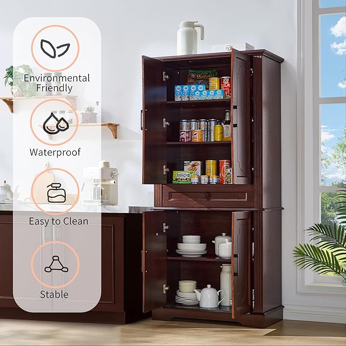 71" Tall Pantry Cabinet with Drawer and Adjustable Shelves, Modern Storage Cabinet with Doors, Kitchen Buffet Cabinet, Food Pantry Storage Cabinet, Coffee Bar, Living Room and Dining Room Cherry