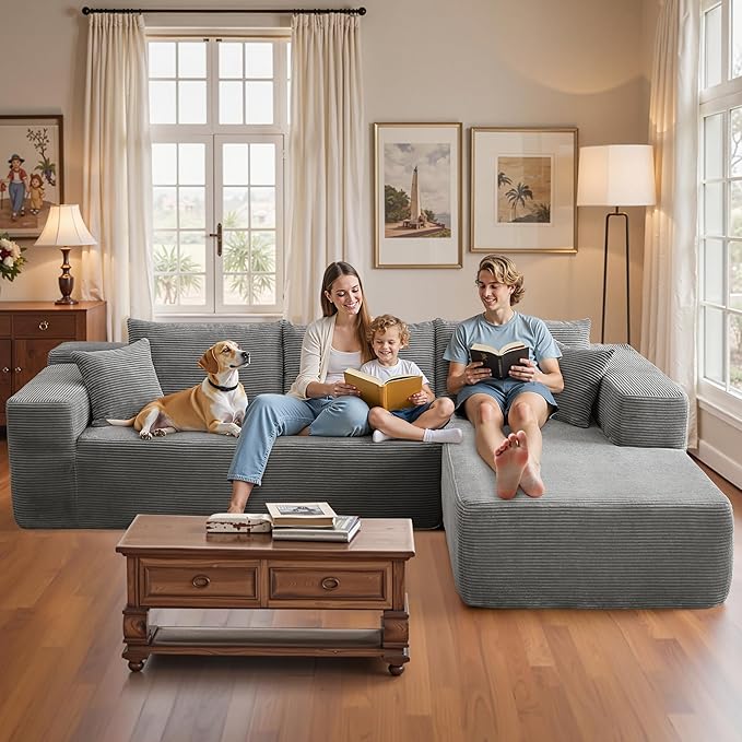 106" Cloud Sectional Couch with Chaise Lounge,L Shaped Modular Modern Sofa,Comfy Corduroy Fluffy Couches with Deep Seat,No Assembly Required Couch for Living Room(Right,Stripe Corduroy,Gray)