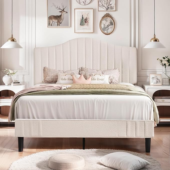 VECELO Queen Size Bed Frame Upholstered Platform Beds with Height-Adjustable Teddy Fabric Headboard, Strong Wood Slats 7.9'' Under Bed Storage Space Noise-Free No Box Spring Needed, Beige