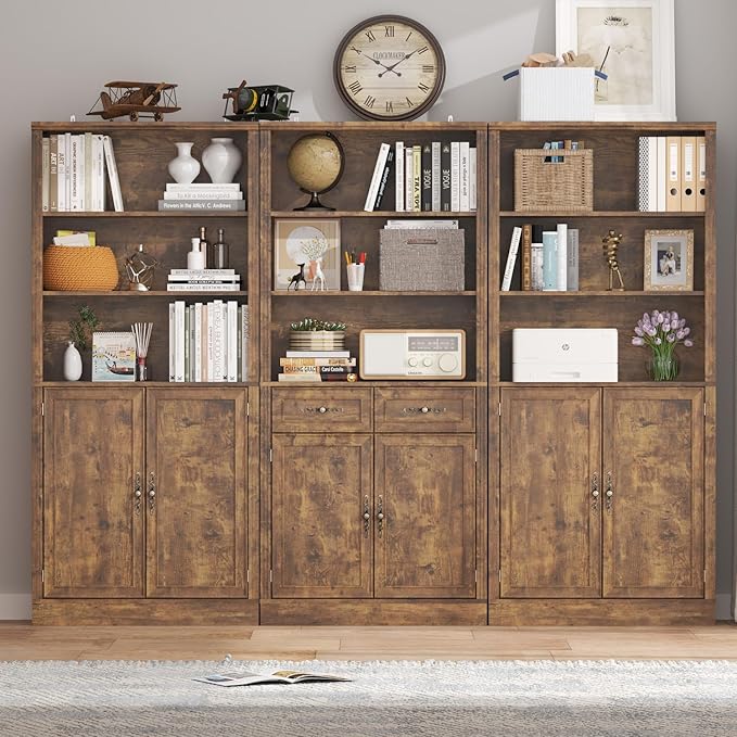 72'' Tall Bookcase with Doors and Drawers, Adjustable Shelves, P2 MDF Construction, 32'' Wide Freestanding Cabinet with Metal Handles, Hidden Storage for Living Room, Bedroom, Brown