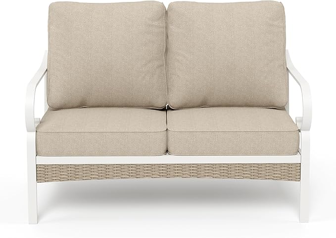 Patio Furniture Sofa, Love-Seat Patio Sofa Steel Frame Outdoor Sectional Couch with Deep Seating and 5.5” Cushions for Lawn Backyard Porch Deck, Beige