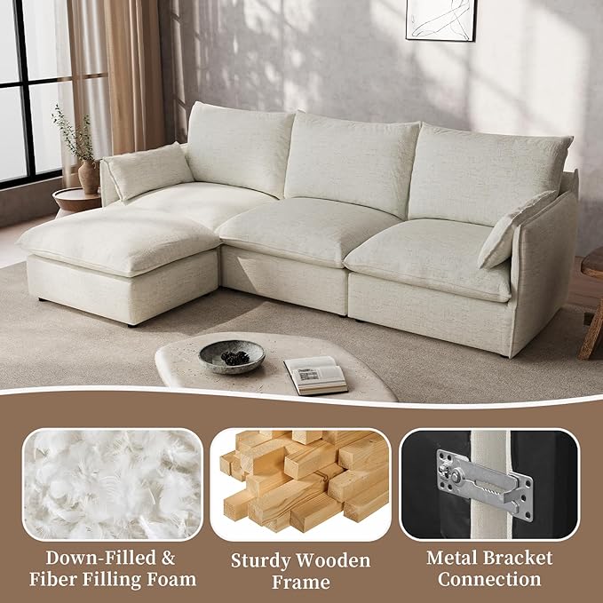 Waterproof Cloud Sectional Couches,High Backrest Down Filled Sofa for Living Room,Modular Sofas Spill & Stain-Resistant Cloud Couch,Detachable Couch Covers,Cream White
