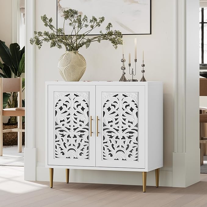 ARTPOWER Accent Cabinet with 2 Doors, Vintage Hollow Carving Buffet Cabinet, Sideboards and Buffets with Storage, Credenza for Living Room, Kitchen, Dining Room, Entryway, Hallway, White