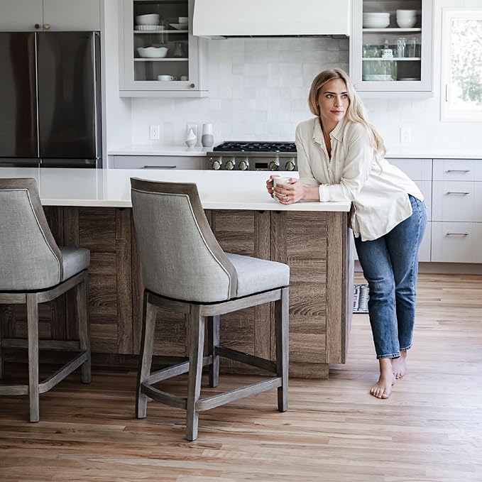 Maven Lane Vienna Counter Stool 26 Inches High – Swivel Stool with Footrest – Grey Solid Wood and Grey Fabric Upholstery – Perfect for Kitchen Islands and Counters