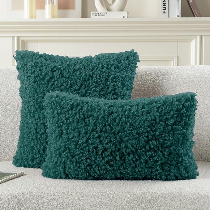 FUTEI Teal Decorative Throw Pillow Covers 22x22 Inch Set of 2,Soft Fluffy Faux Wool Fur Boucle Textured Cushion Case,Modern Home Decor for Couch Bed Living Room Office