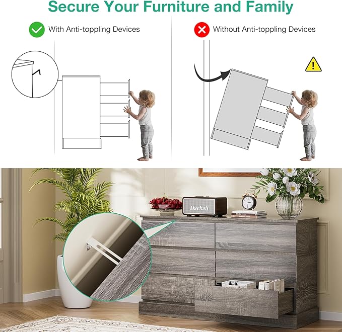 Gray Dresser for Bedroom, Modern 6 Drawer Dresser, Freestanding Wood Dressers, Wide Chest of Drawers Dressers, TV Stand with Sturdy Base Storage for Living Room, Hallway, Entryway