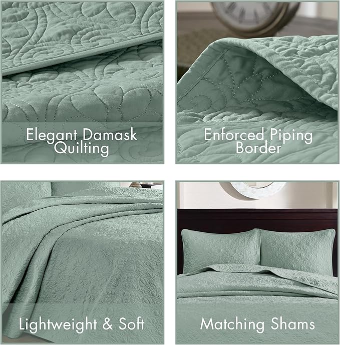 Madison Park Quebec Reversible Quilt Set Damask Design, Double Sided Stitching All Season, Lightweight Bedspread Bedding Set, Matching Sham, Seafoam, Full(96"x110") 3 Piece