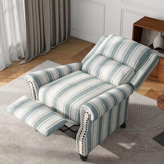 UIXE Pushback Recliner Chair Accent Chairs, Fabric Armchair Push Back Club Arm Chair for Living Room, Rivet Trim Overstuffed Home Theater Single Sofa Bedroom Reading Seat with Footrest - Stripe Blue