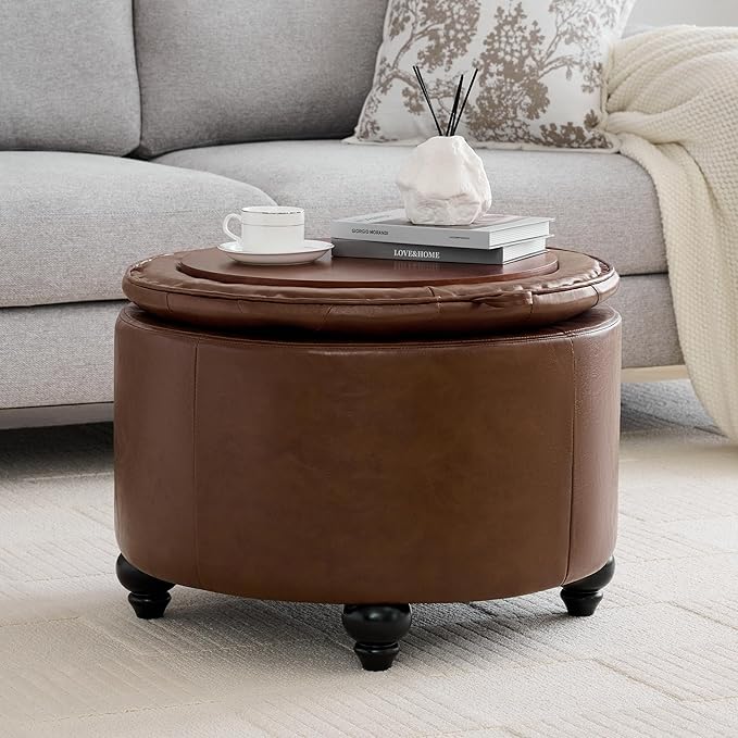 24Inch Round Storage Ottoman with Tray, Modern Tufted Leather Circle Coffee Table with Storage, Upholstered Ottoman with Removable Top for Living Room, Bedroom, Leather Coffee