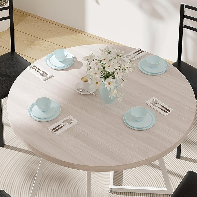 VECELO 35” Round Dining Table Set with 4 Cushioned Padded Chairs for Kitchen, Breakfast Nook, or Living Room, Wood-Grain Tabletop & Heavy-Duty Steel Frame, Easy Assembly, Natural Wood