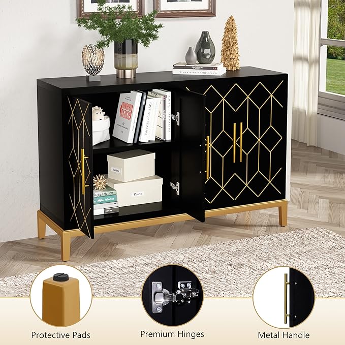 HLR Accent Cabinet with 4 Doors&Shelves, Sideboard Buffet Cabinet with Gold Trim, Modern Black Storage for Living Room, Entryway, Kitchen, Dining Room, Hallway