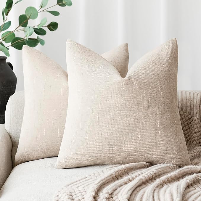 Foindtower Pack of 2 Soft Textured Throw Decorative Pillow Covers Square Accent Solid Cushion Cover Cozy Farmhouse Pillow Case with Zipper for Couch Sofa Bedroom Living Room 16x16 Inch, Light Beige