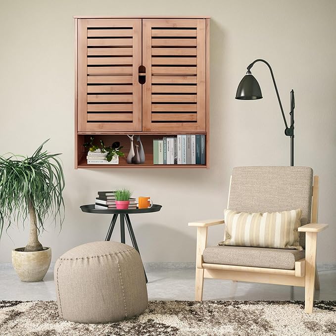 HYNAWIN Bamboo Wall Cabinet, Over Toilet Bathroom Furniture, Wall Mounted Storage Medicine Cabinet with Two Doors & Adjustable Shelves, for Bathroom, Kitchen, Living Room, Walnut, Dark Brown