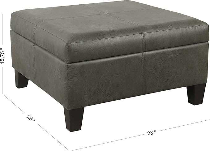 HomePop Faux Leather Square Storage Ottoman with Wood Legs, Pewter Gray