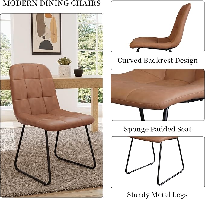 45.3 Inch Round Dining Table Set for 4, Mid Century Modern Small Coffee Set for Dining Room Kitchen Apartment (Dark Walnut Table + 4 U-Shaped Brown Chairs)