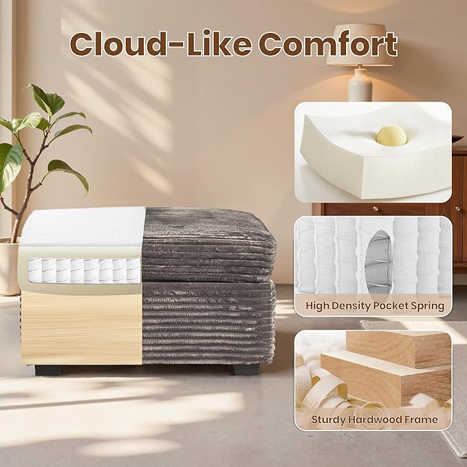32.7'' Ottoman for Modular Sectional Sofa, Deep Seat Upholstered Footstool for Sofas Set, L/U/V Shaped Plush Corduroy Cloud Couch for Living Room Apartment, Grey