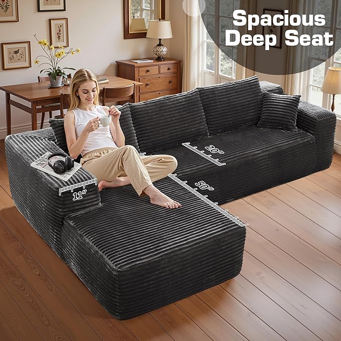 106" Cloud Sectional Couch with Chaise Lounge,L Shaped Modular Modern Sofa,Comfy Corduroy Fluffy Sofa with Deep Seat,No Assembly Required Couch for Living Room(Left,Plush Corduroy,Gray)