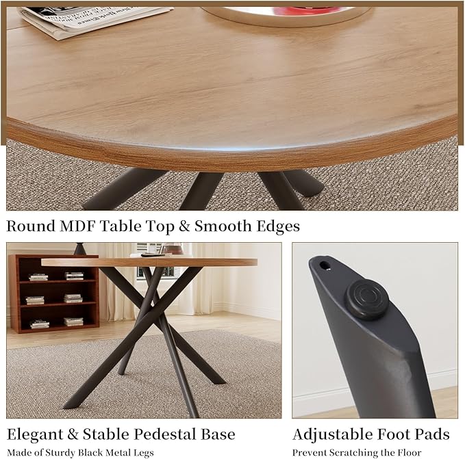 45.3 Inch Modern Round Dining Table for 4, Space-Saving Dinette with Carbon Steel Legs for Home Kitchen Apartment(Oak Table)