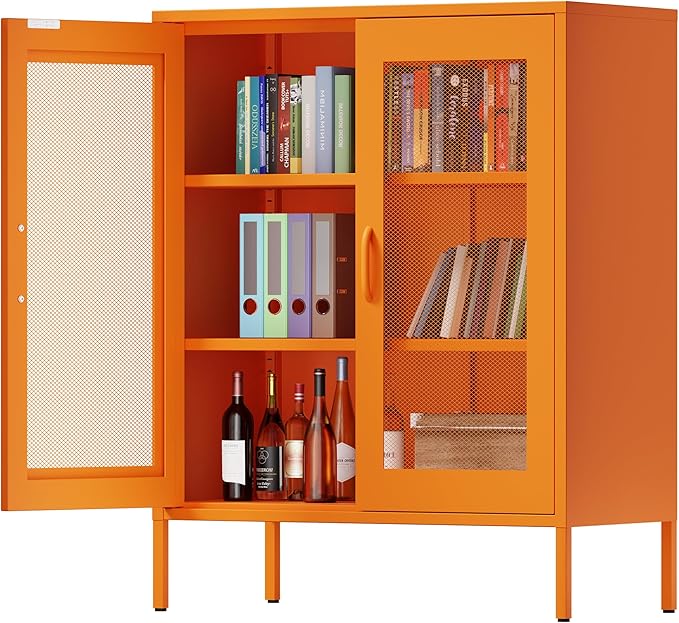 Orange Metal Storage Cabinet with Mesh Doors, Small Office Cabinet with 2 Adjustable Shelves, Accent Metal Locker Storage Cabinet for Home, Office, Living Room, Hallway