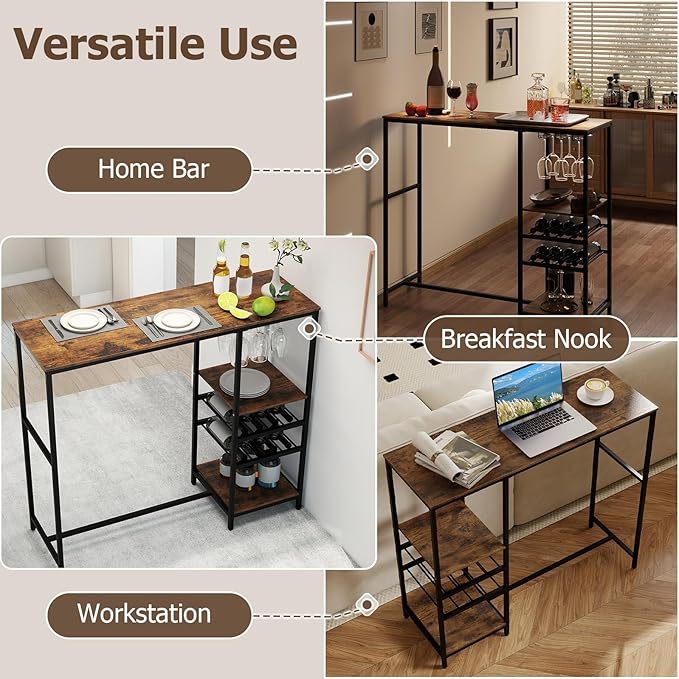 COSTWAY 48" Long Bar Table, Bar Height Dining Table with Storage Shelves, Wine Racks & Stemware Holders, Industrial Breakfast Table for Kitchen Living Room Behind Couch, Rustic Brown