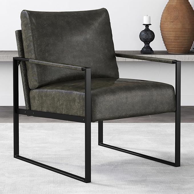 CANMOV Modern Accent Chair Set of 4, PU Leather Armchair with Metal Frame,Comfy Single Reading Chair with Soft Padded Backrest and Cushion for Living Room, Bedroom,Reading Room,Office,Dark Grey