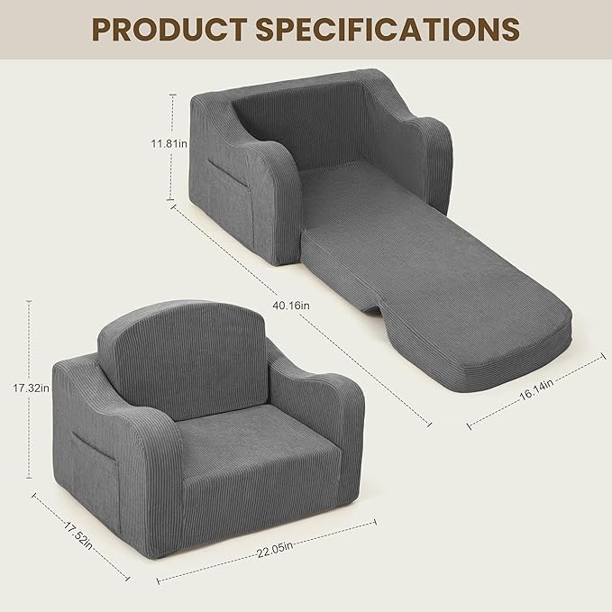 Comfy Toddler Chair for Kids, 2-in-1 Toddler Soft Plush Couch Fold Out, Convertible Kids Couch to Lounger, Baby Sofa for Boys and Girls,Grey