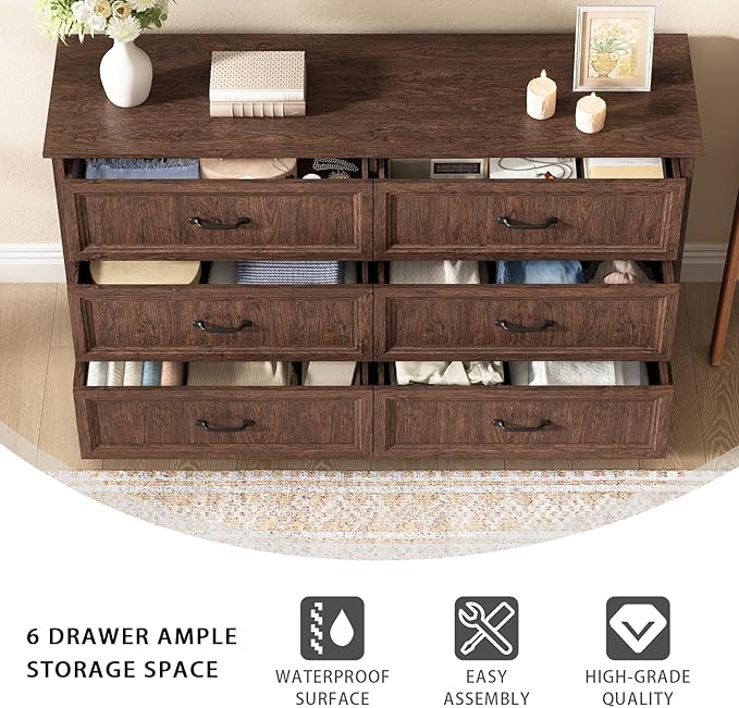 Farmhouse 6 Drawer Dresser for Bedroom, 55 Inch Wide Modern Brown Dresser TV Stand with Large Drawers & Bar Handles, Rustic Wood Chest of Drawers for Bedroom, Living Room, Hallway, Entryway.