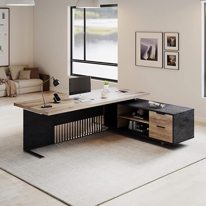 78.7 Inch Large Executive Desk with Drawers Cabinet, L Shaped Office Desk, Computer Desk with Universal Charging Ports and Cable Management for Business Furniture Set Workstation for Home Office