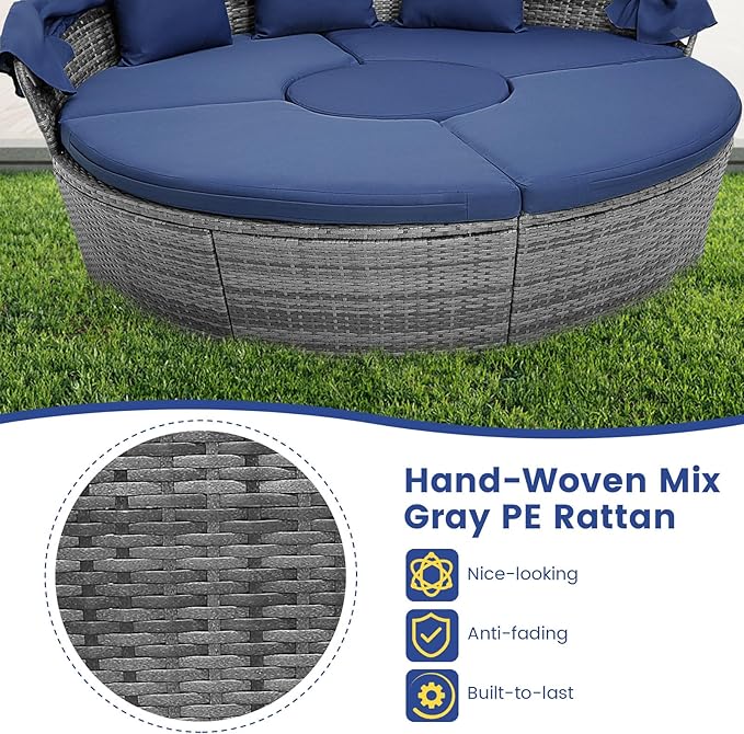 COSTWAY Patio Round Daybed with Retractable Canopy, Wicker Furniture Sectional Couch with Separate Cushioned Seats, Adjustable Table Top, Patio Rattan Daybed Set for Patio, Backyard, Poolside (Navy)