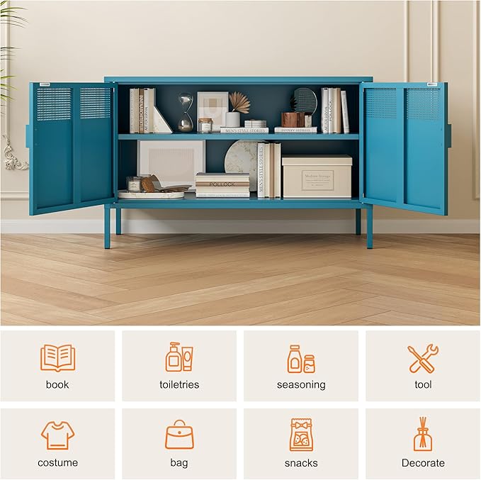Blue Metal Storage Cabinet with Doors and Shelf, 2 Door Locker Storage Cabinet for Home and Office, 2 Tier Low Metal Tv Stand Cabinet