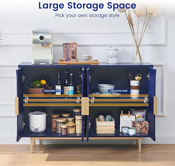 Sideboard Buffet Cabinets with Storage, 47.2" Modern Storage Cabinets with Relief Doors, Accent Cabinets with Adjustable Shelves, Wood Console Cabinet for Dining Living Room, Entryway, Blue