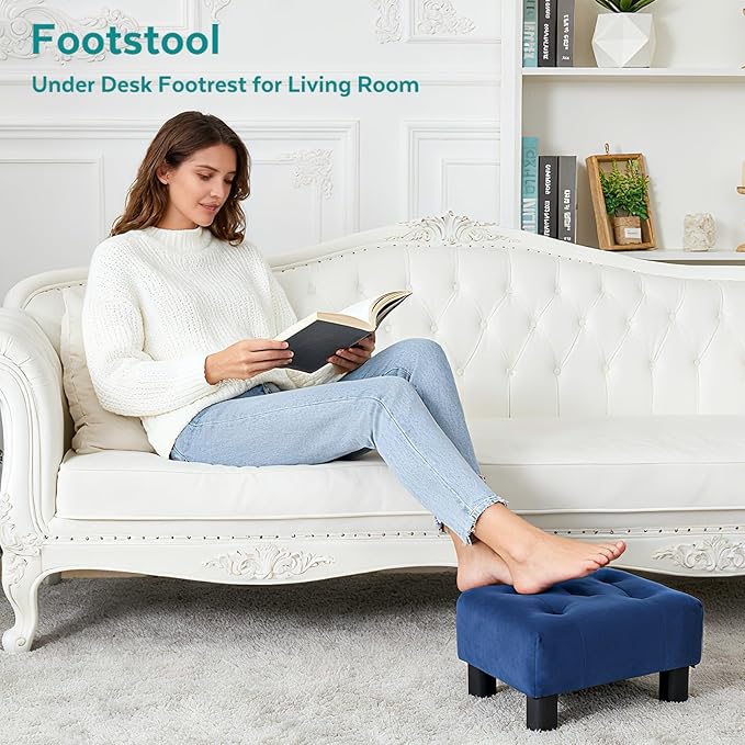 Small Foot Stool Ottoman, Velvet Footstool Ottoman Foot Rest for Couch, Rectangle Footstools and Ottomans Small for Living Room, Entryway and Bedroom (Blue)