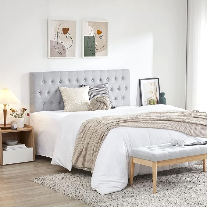 Kingfun Tufted Upholstered Full Size Bed Headboard in Modern Button Design, Adjustable Solid Wood Head Board, Premium Linen Fabric Padded Headboards in Bedroom (Grey)