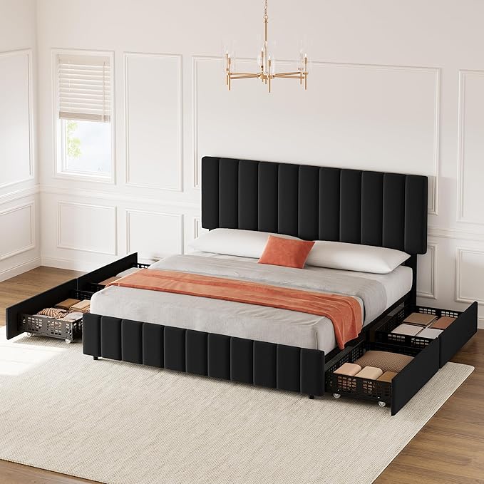 Garvee Full Size Bed Frame with 4 Storage Drawers, Adjustable Height Headboard, Linen Upholstered Platform Bed Frame, No Box Spring Needed, Easy Assembly, Black