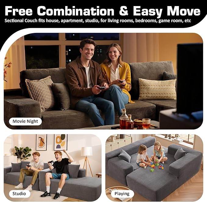 106" Cloud Sectional Couch with L-Shape Chaise & Ottoman, No Assembly Modular Sofa, Deep Seat Corduroy Boneless Couched for Living Room (Gray Stripe Corduroy, Right Facing Chaise with Ottoman)
