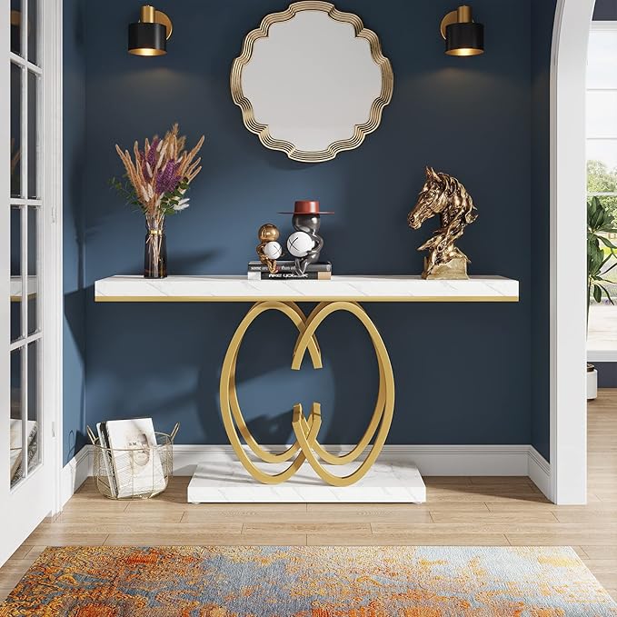 Tribesigns 55 Inch Console Table for Hallway, Faux Marble Gold Entryway Table with Geometric Metal Base, Modern Narrow Sofa Accent Table for Entrance, Living Room, Foyer (White & Gold)