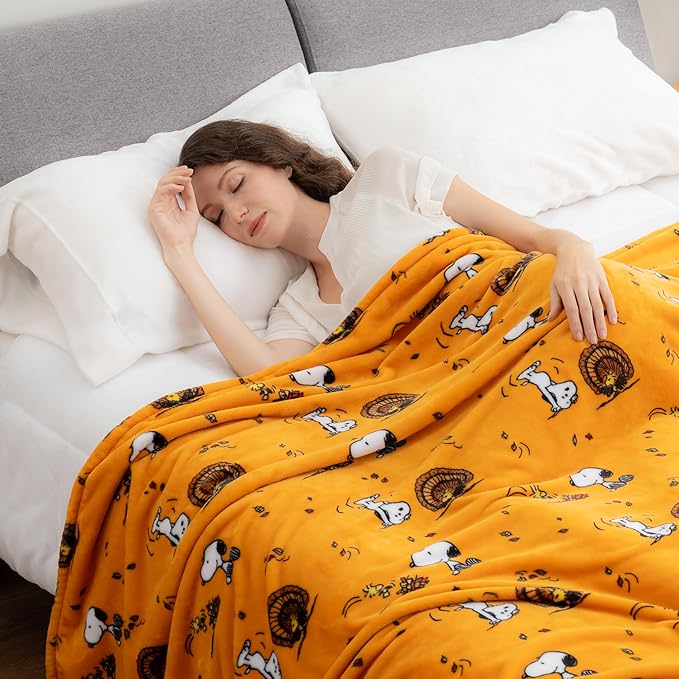 Berkshire Blanket Peanuts® VelvetLoft® Cute Character Snoopy Plush Blanket,Snoopy and Woodstock Fall Birds & Leafs Orange,Full/Queen 90 in x 90 in (Official Peanuts® Product)